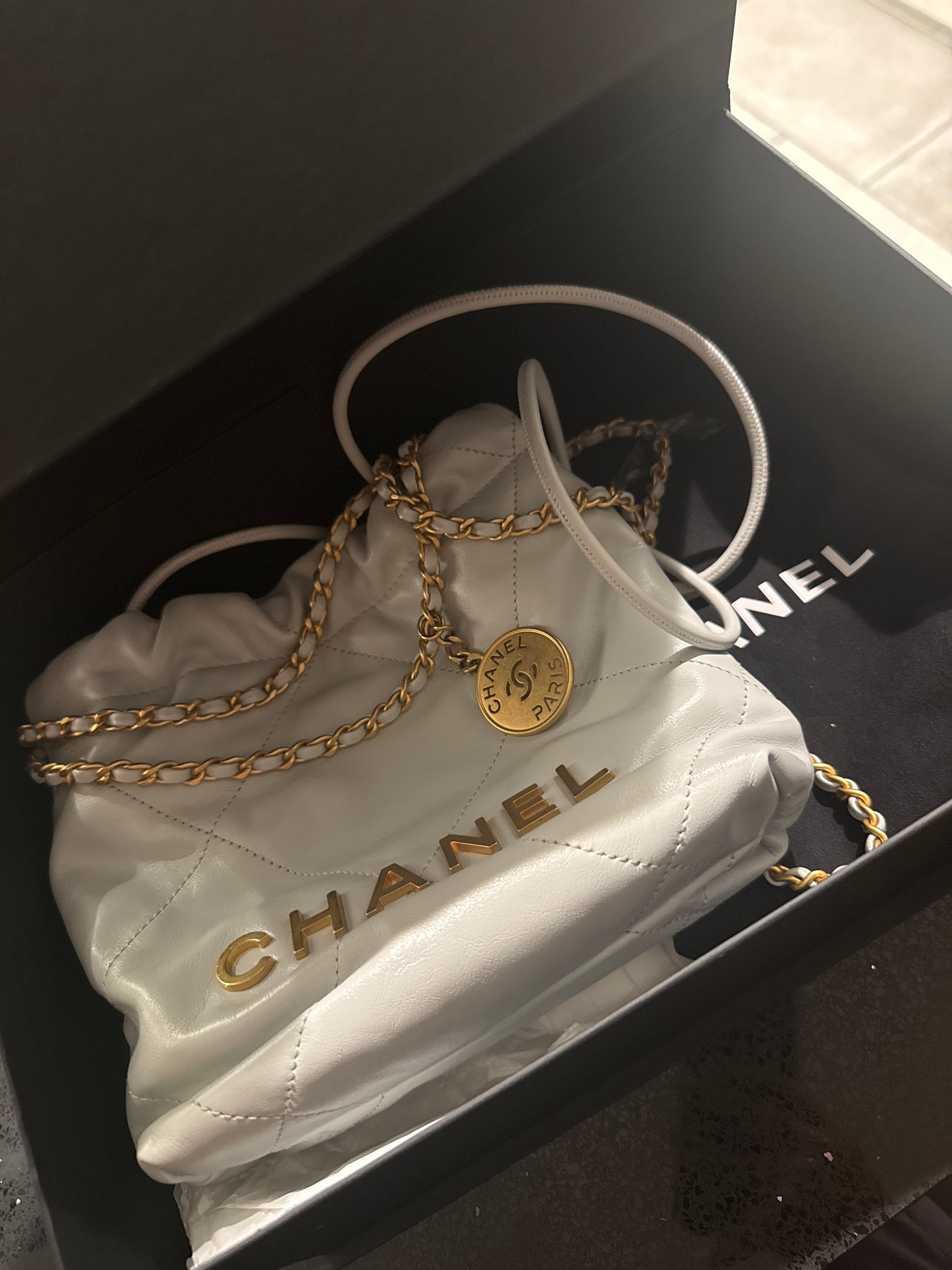 Authentic Chanel 22 Mini Bag – Light Gray with Gold Hardware (Pristine Condition / Full Set)