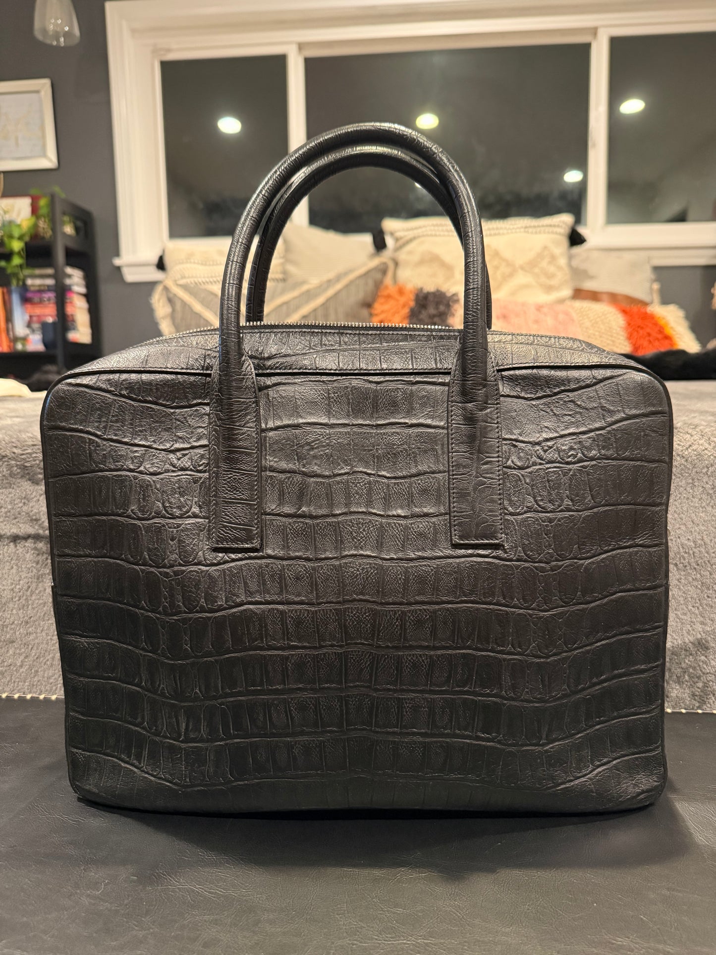 Saint Laurent Paris Croc Embossed Leather Briefcase