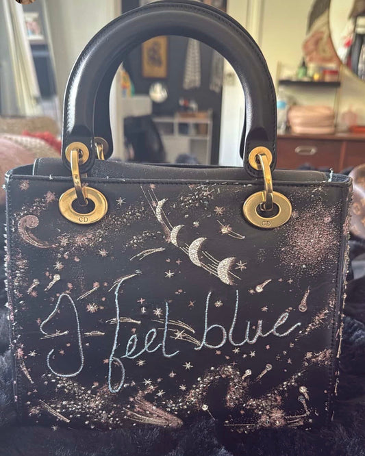 Christian Dior Lady Dior “I Feel Blue” Cosmic Embroidered Bag with Matching Strap