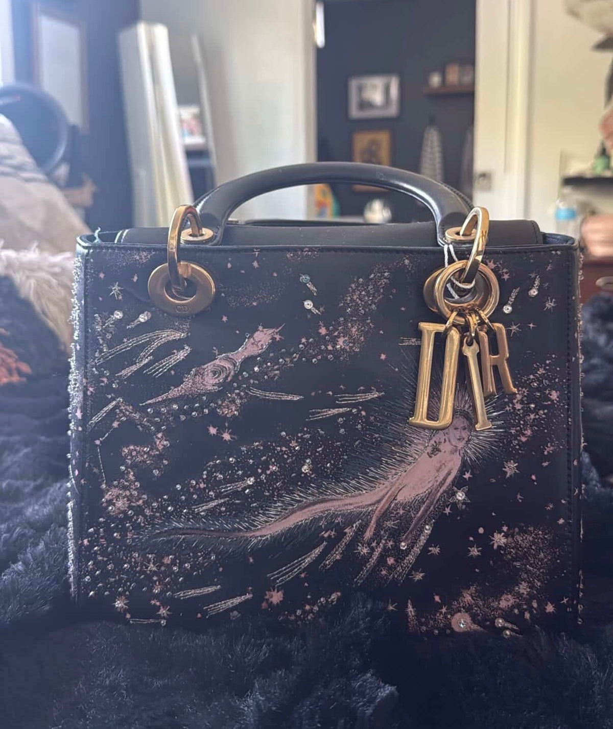 Christian Dior Lady Dior “I Feel Blue” Cosmic Embroidered Bag with Matching Strap