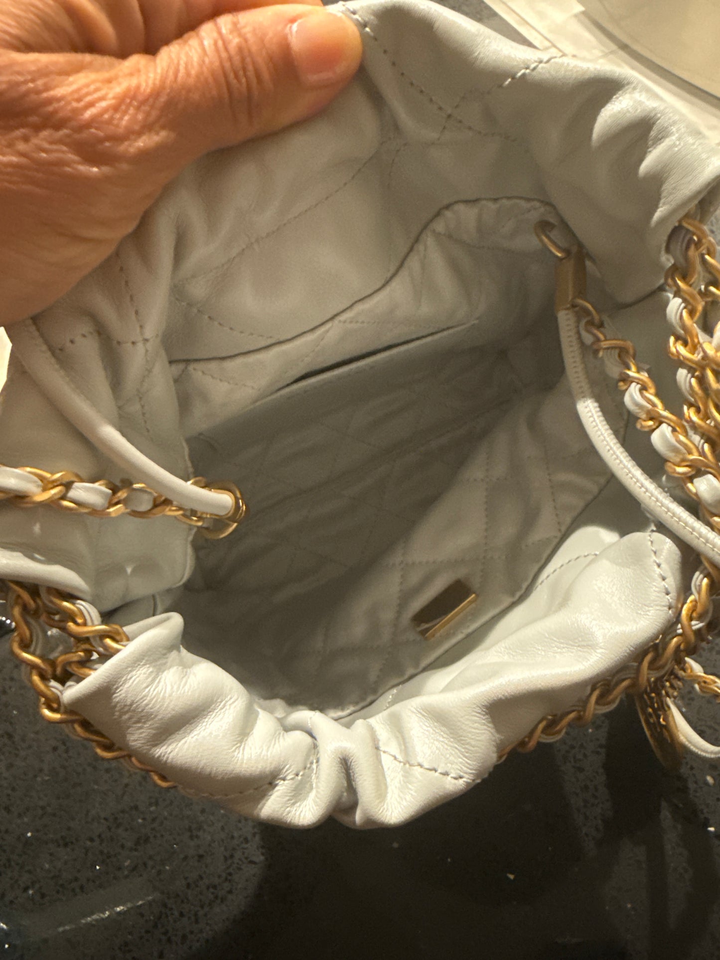 Authentic Chanel 22 Mini Bag – Light Gray with Gold Hardware (Pristine Condition / Full Set)