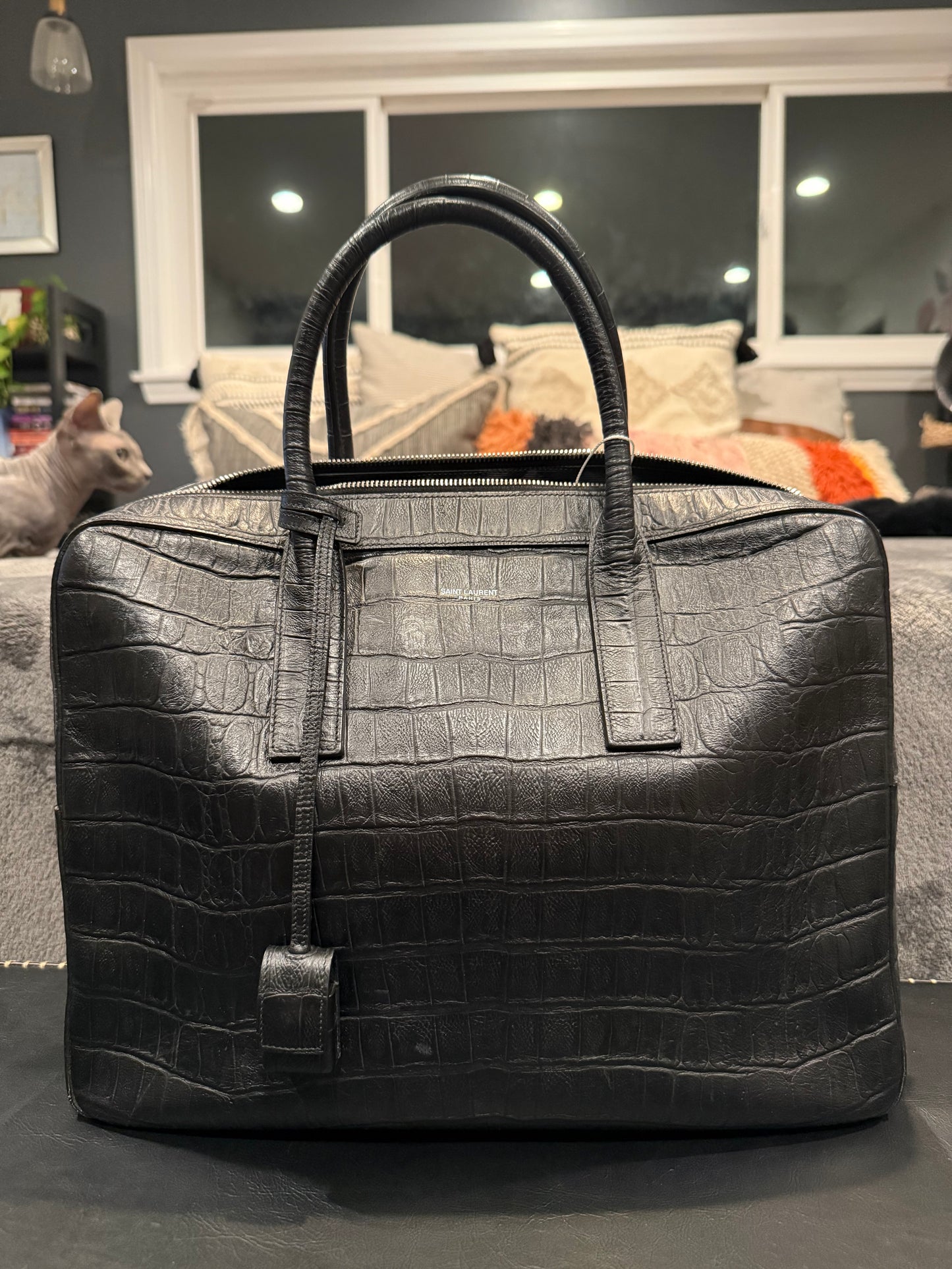Saint Laurent Paris Croc Embossed Leather Briefcase