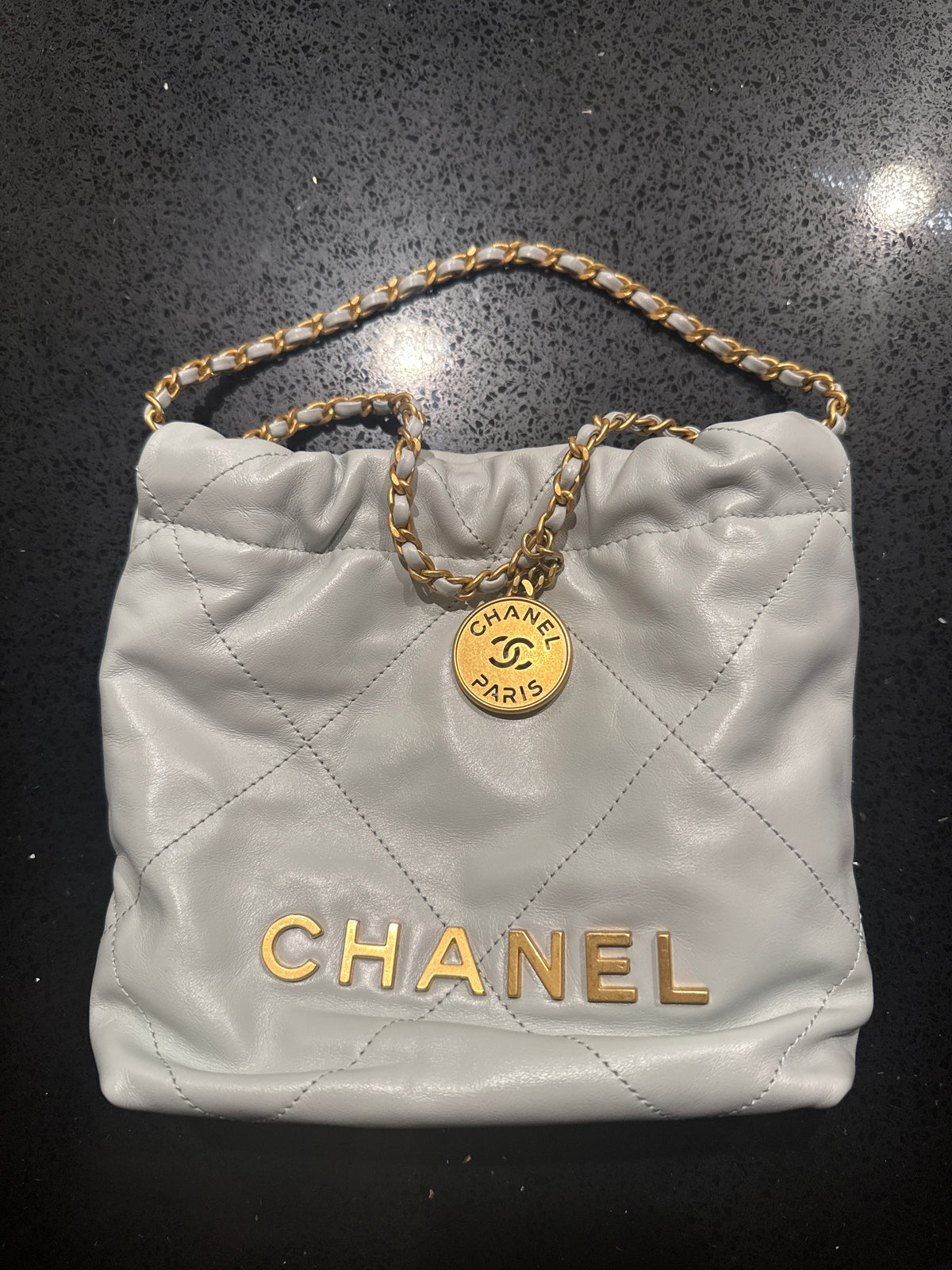 Authentic Chanel 22 Mini Bag – Light Gray with Gold Hardware (Pristine Condition / Full Set)