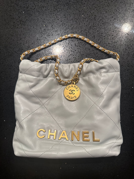 Authentic Chanel 22 Mini Bag – Light Gray with Gold Hardware (Pristine Condition / Full Set)