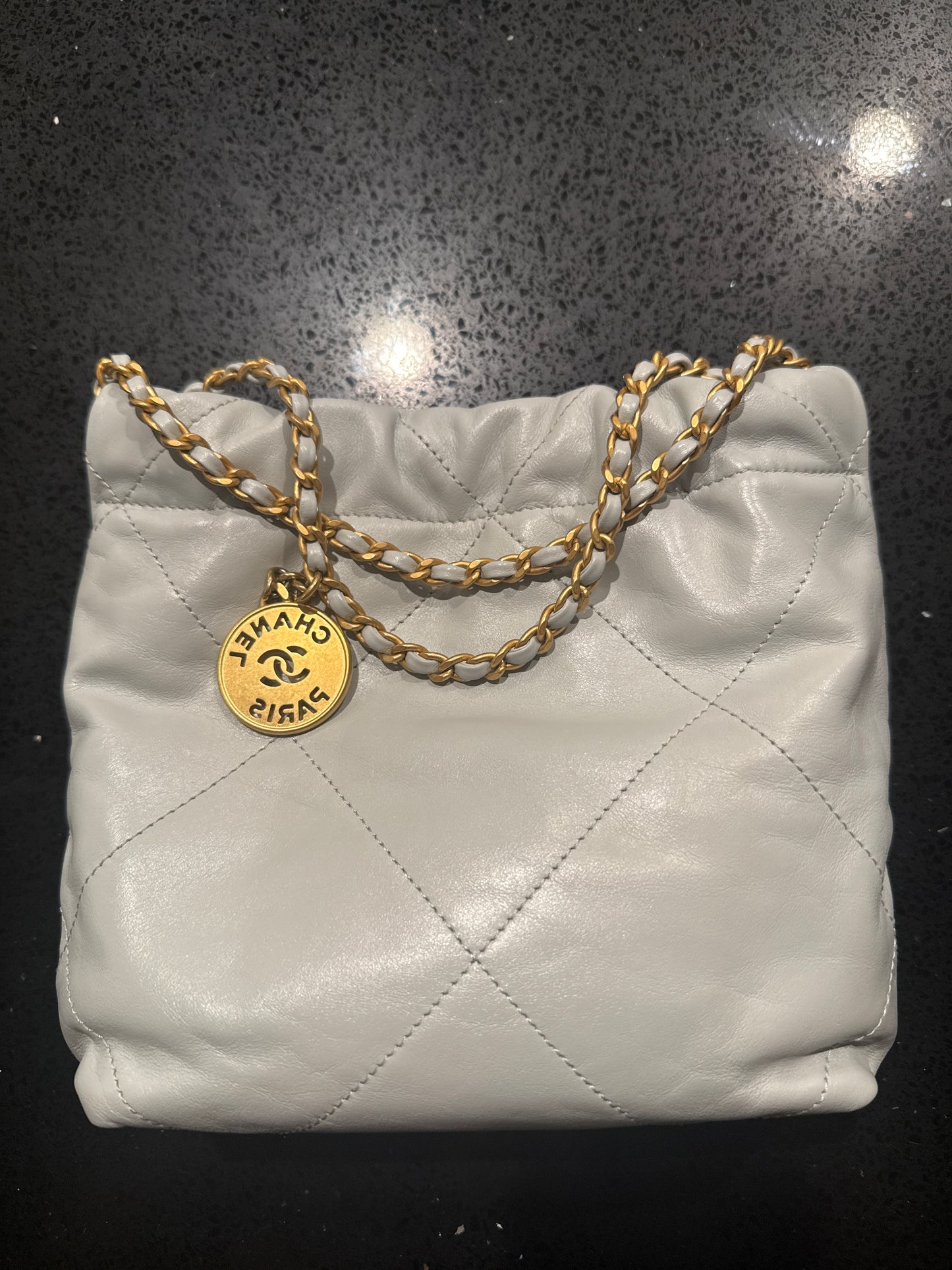 Authentic Chanel 22 Mini Bag – Light Gray with Gold Hardware (Pristine Condition / Full Set)